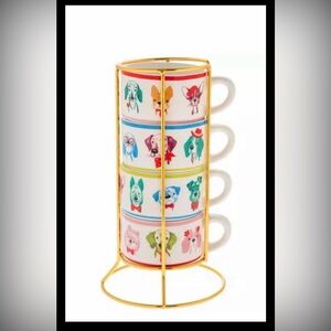 Colorful Dogs Stacking Mug Set 4 Mugs & Holder Dogs Wearing Bows & Ties Adorable